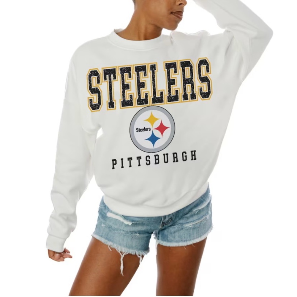 Women's Pittsburgh Steelers White Oversized Crewneck Pullover Sweatshirt- NWT